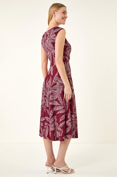 Roman Red Leaf Print Twist Front Stretch Dress