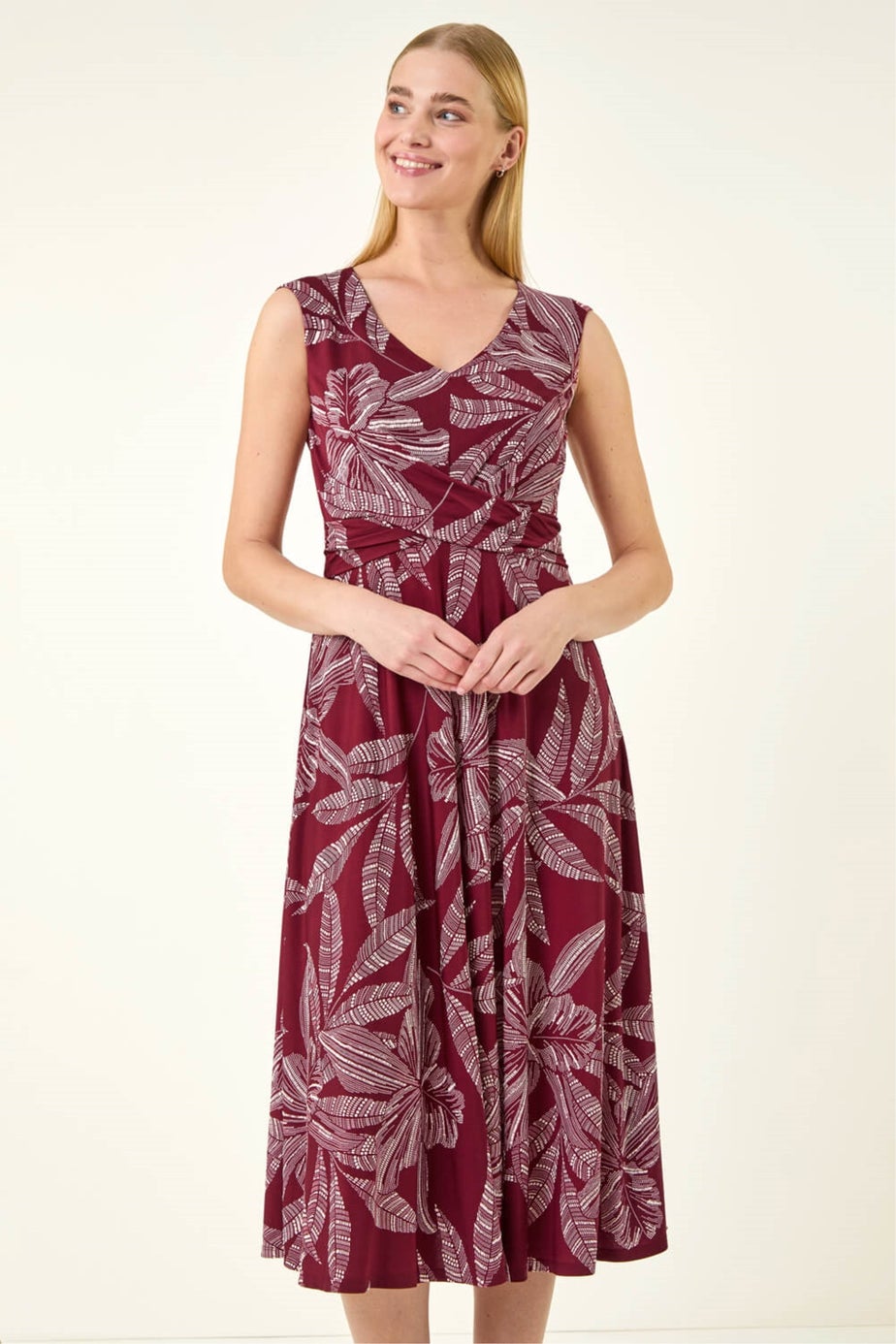 Roman Red Leaf Print Twist Front Stretch Dress