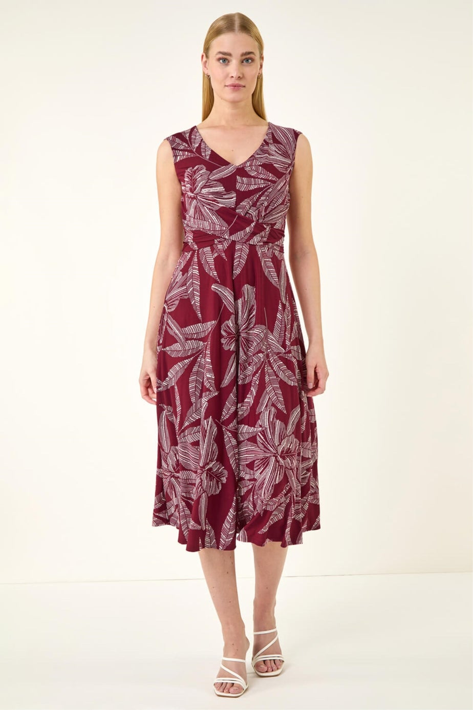 Roman Red Leaf Print Twist Front Stretch Dress
