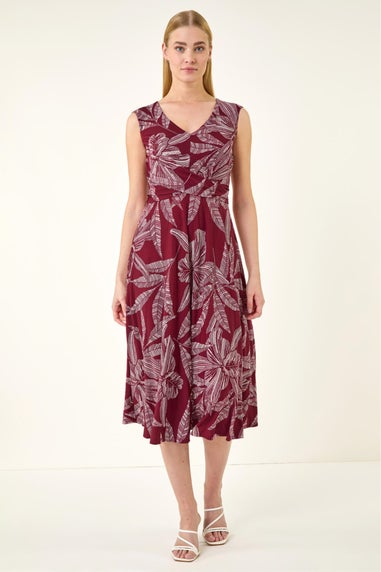 Roman Red Leaf Print Twist Front Stretch Dress