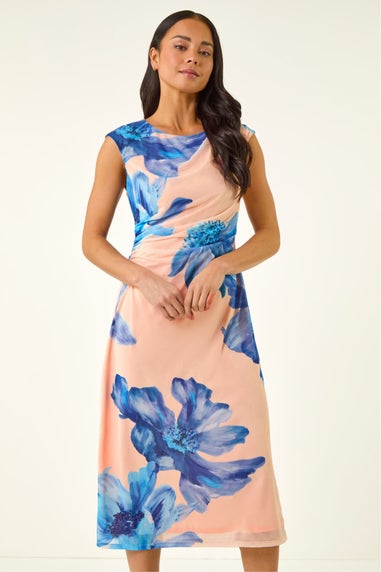 Roman Blue Petite Side Ruched Mesh Midi Dress