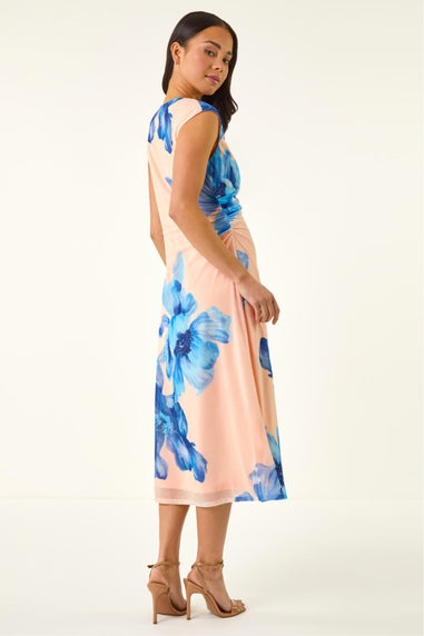 Roman Blue Petite Side Ruched Mesh Midi Dress