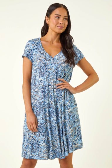 Roman Blue Petite Paisley Pocket Swing Dress