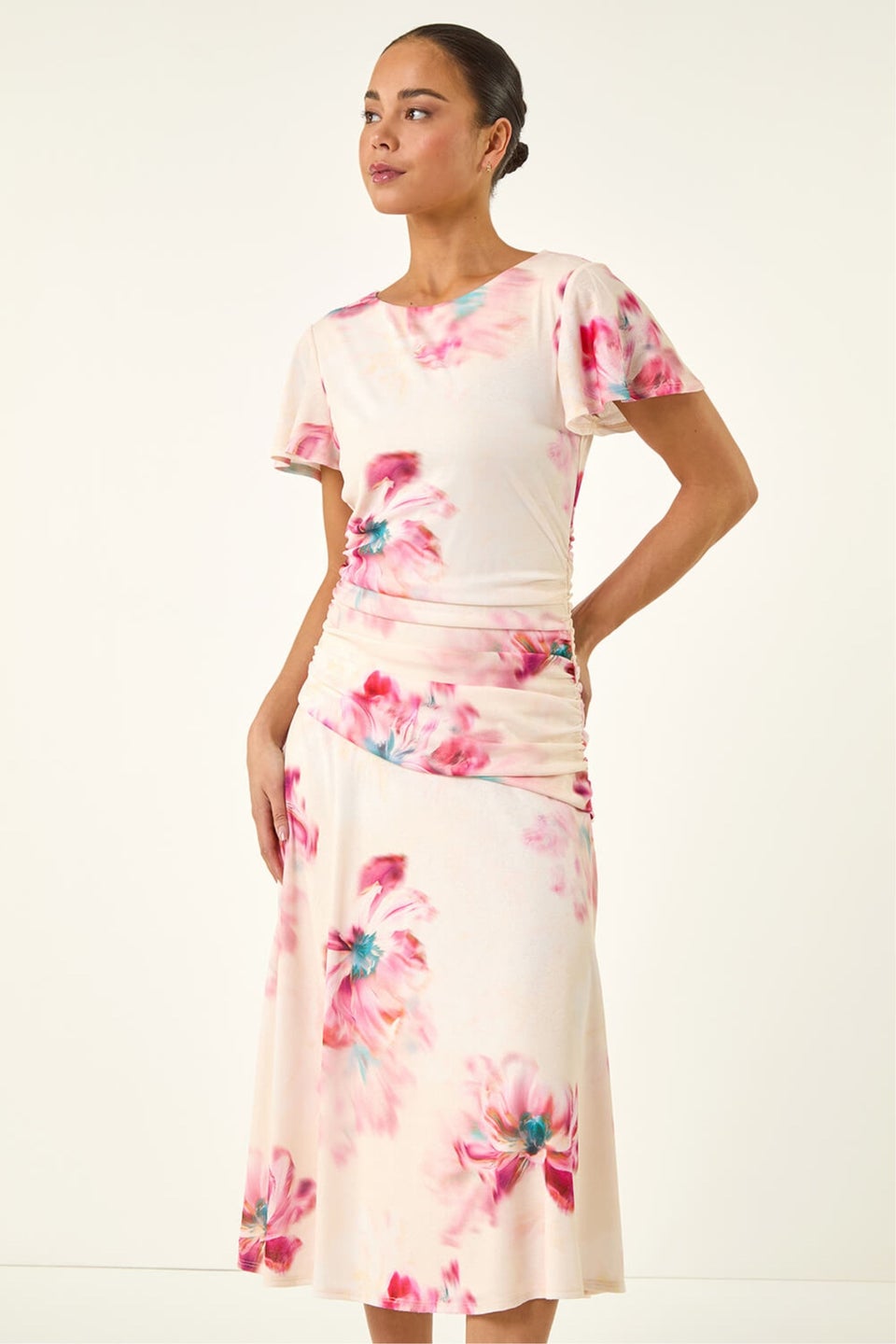 Roman Ivory Petite Floral Ruched Side Dress