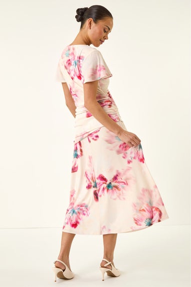Roman Ivory Petite Floral Ruched Side Dress