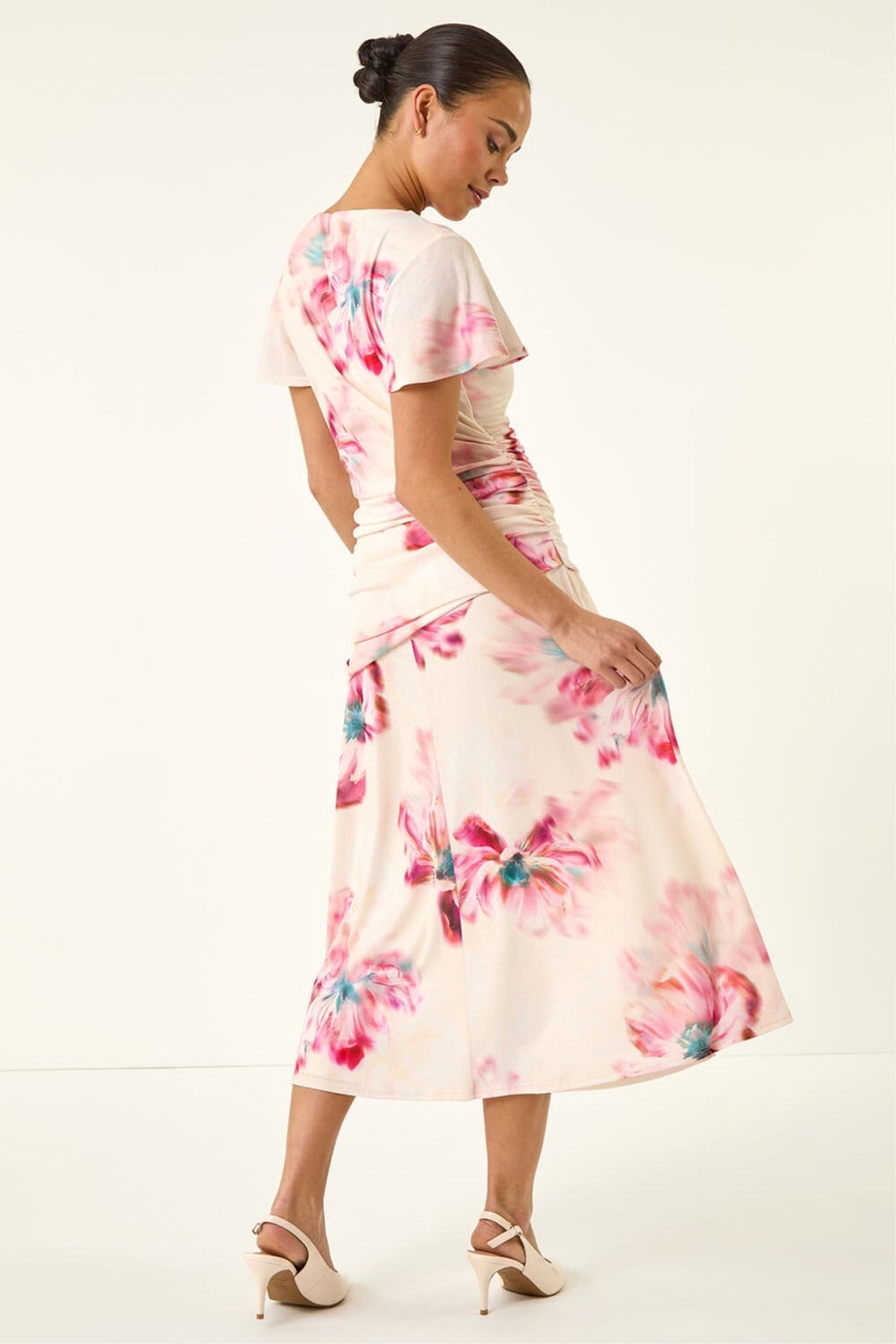 Roman Ivory Petite Floral Ruched Side Dress