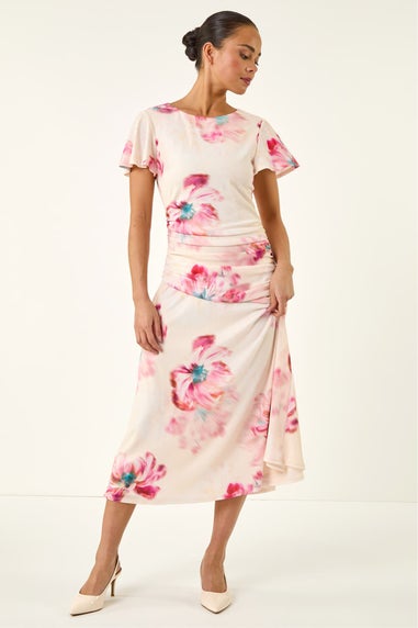 Roman Ivory Petite Floral Ruched Side Dress