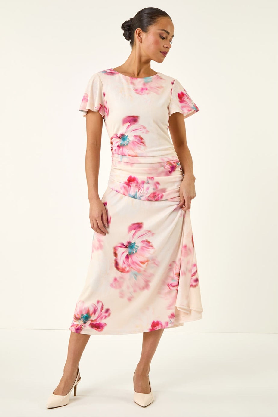 Roman Ivory Petite Floral Ruched Side Dress