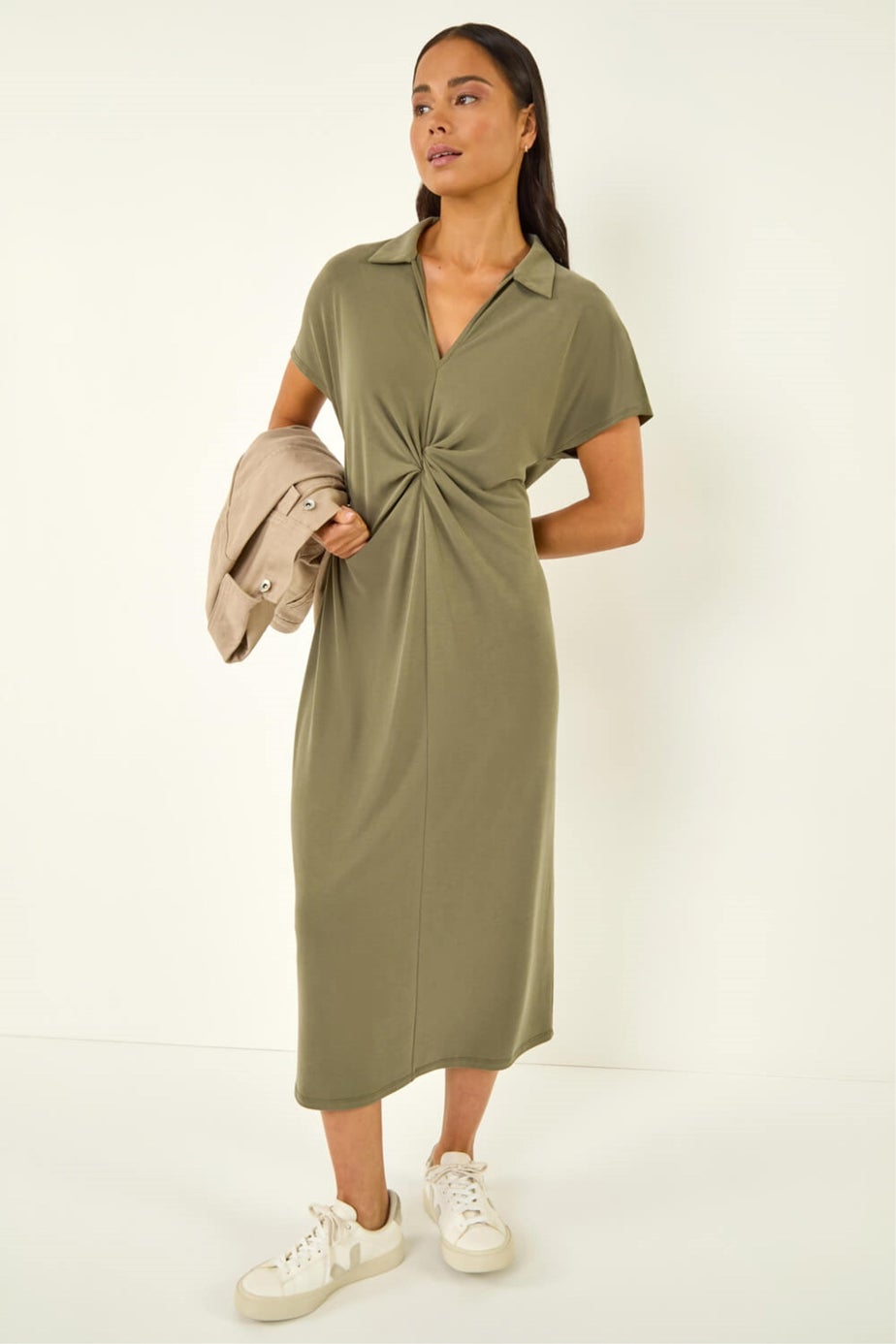 Roman Khaki Petite Twist Waist Midi Dress