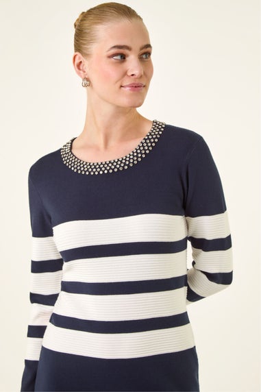 Roman Navy Jewel Trim Stripe Knitted Dress