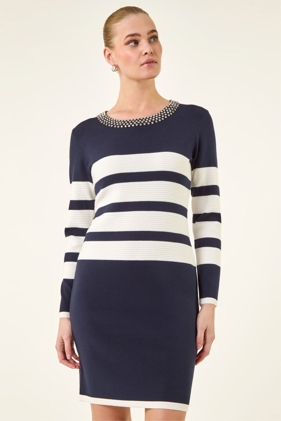 Roman Navy Jewel Trim Stripe Knitted Dress