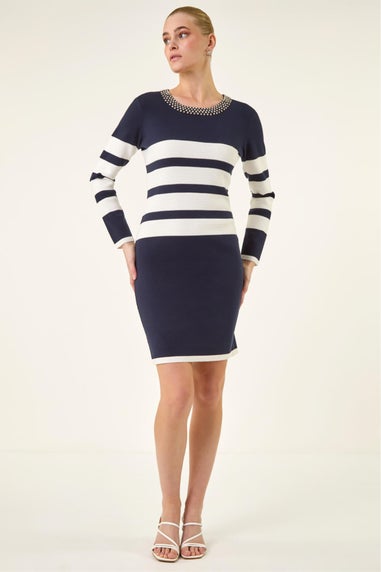 Roman Navy Jewel Trim Stripe Knitted Dress