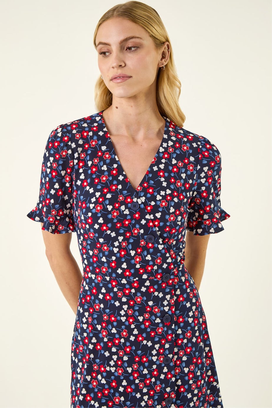 Roman Red Floral Side Button Dress