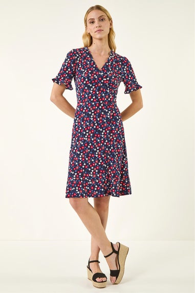 Roman Red Floral Side Button Dress