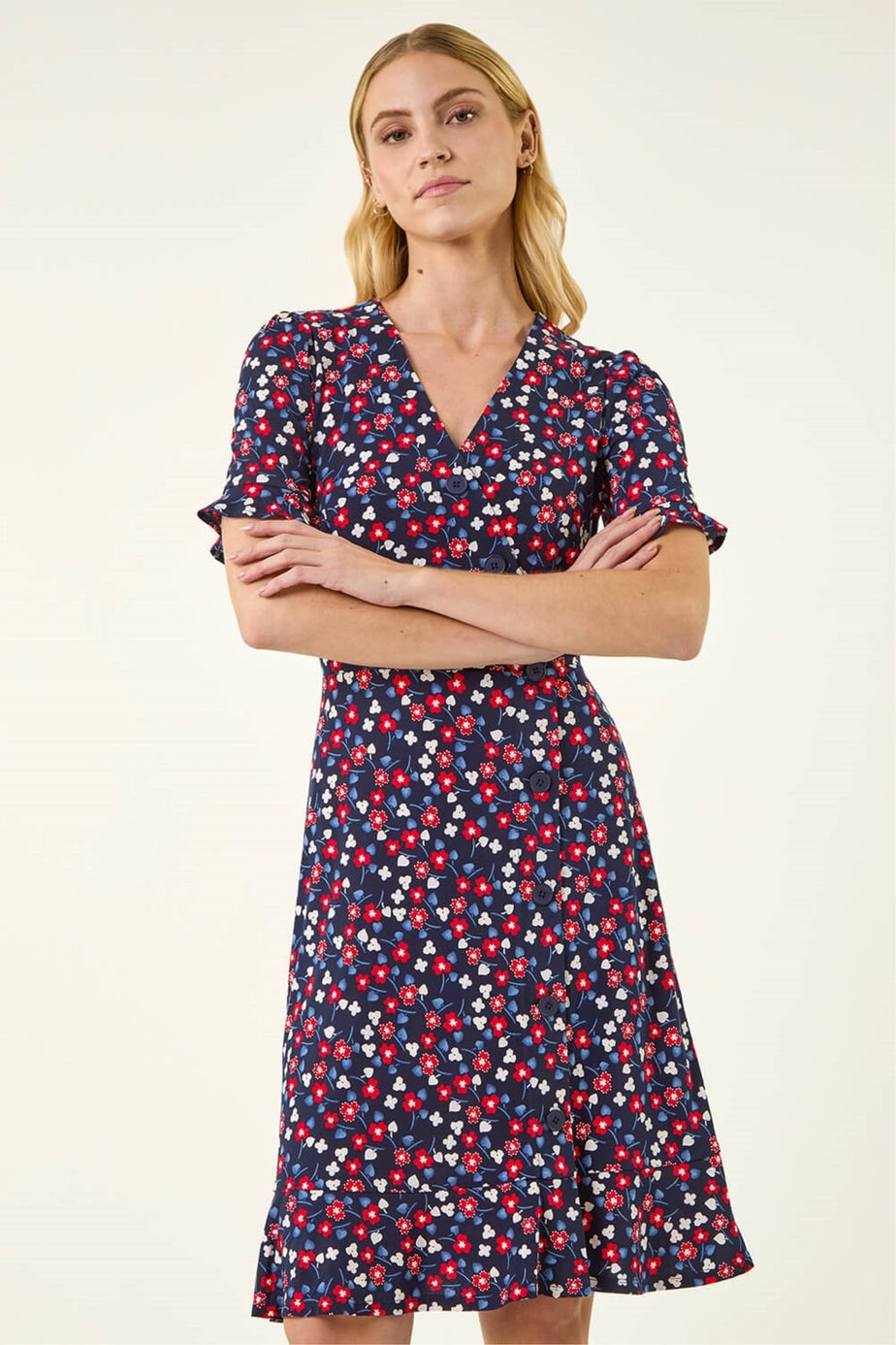 Roman Red Floral Side Button Dress