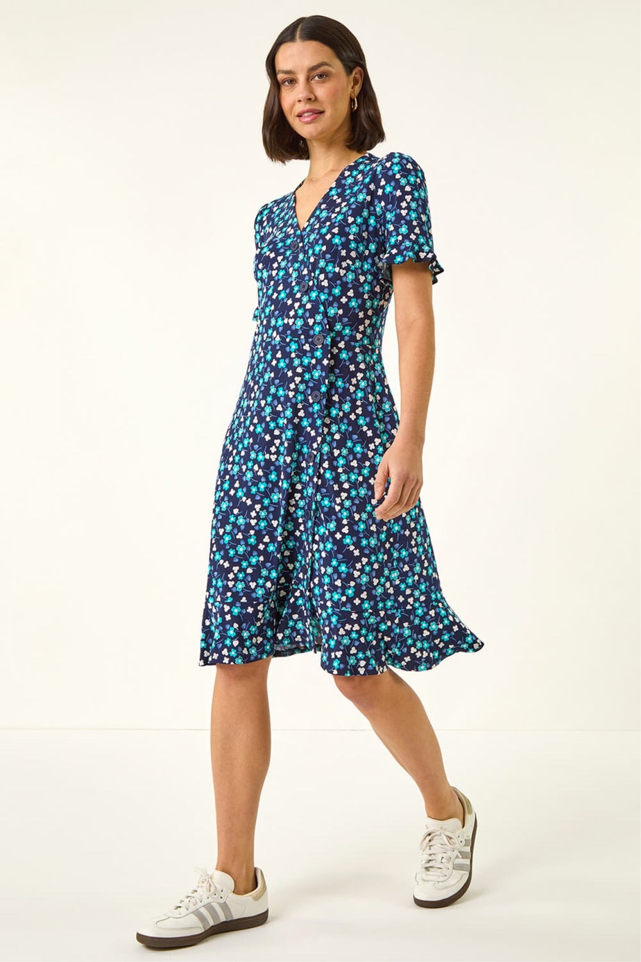 Roman Turquoise Floral Side Button Dress
