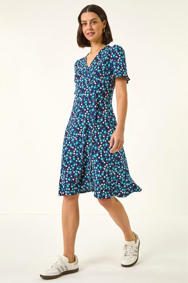 Roman Turquoise Floral Side Button Dress