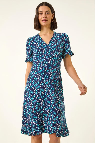Roman Turquoise Floral Side Button Dress
