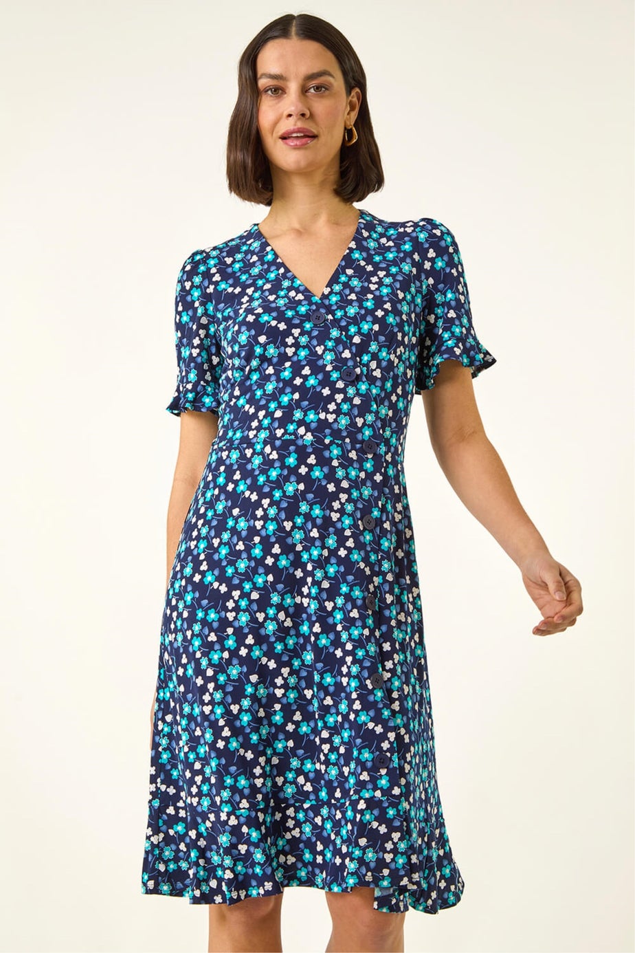 Roman Turquoise Floral Side Button Dress