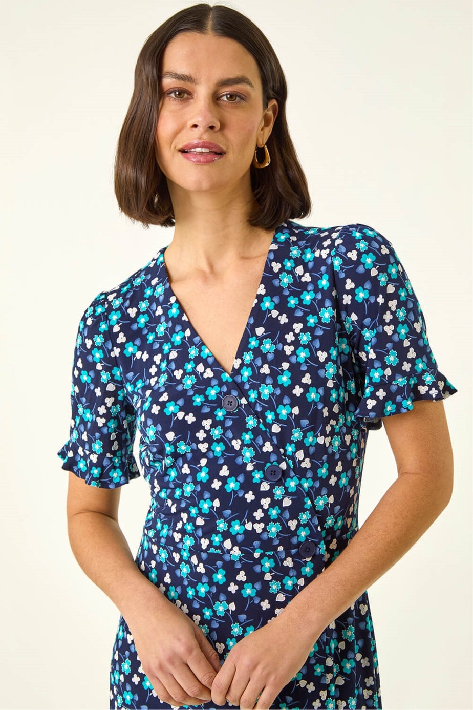 Roman Turquoise Floral Side Button Dress