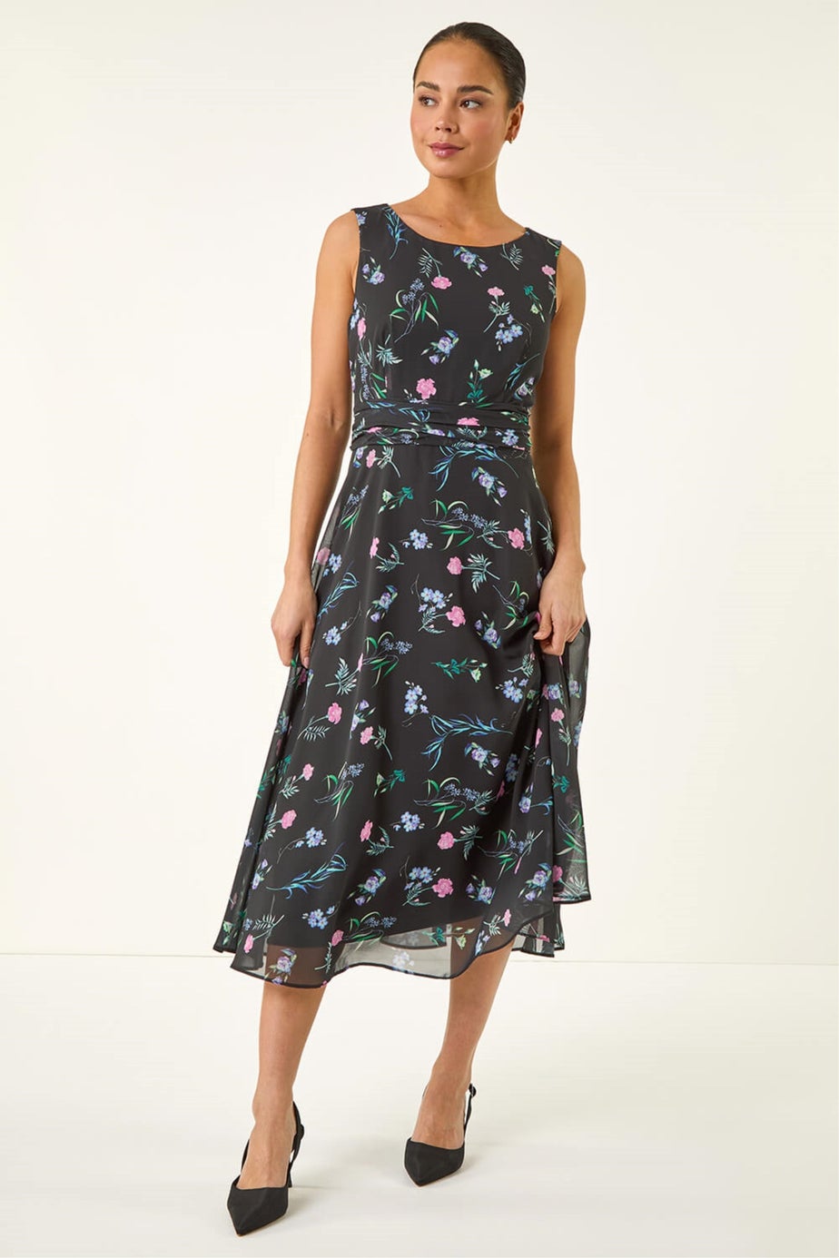 Roman Black Petite Floral Ruched Waist Midi Dress