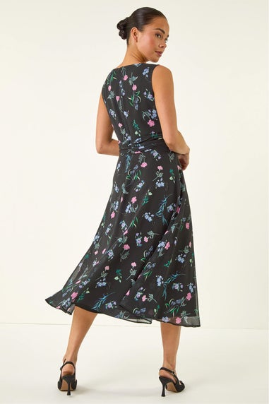 Roman Black Petite Floral Ruched Waist Midi Dress