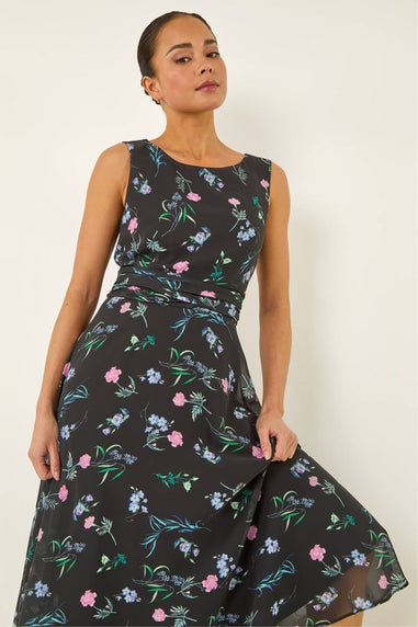 Roman Black Petite Floral Ruched Waist Midi Dress