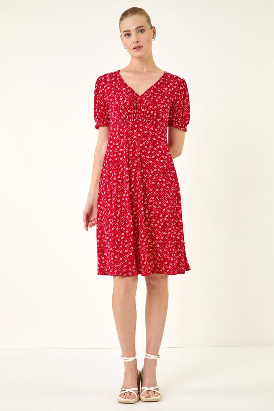 Roman Red Spot Print Gathered Stretch Dress