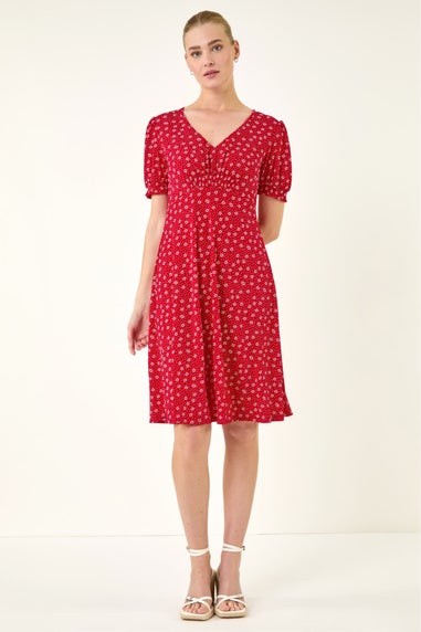 Roman Red Spot Print Gathered Stretch Dress