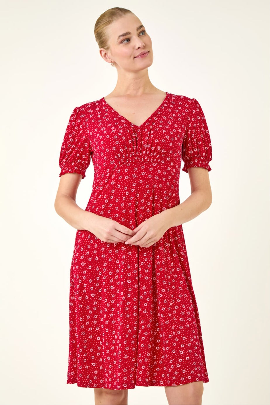 Roman Red Spot Print Gathered Stretch Dress