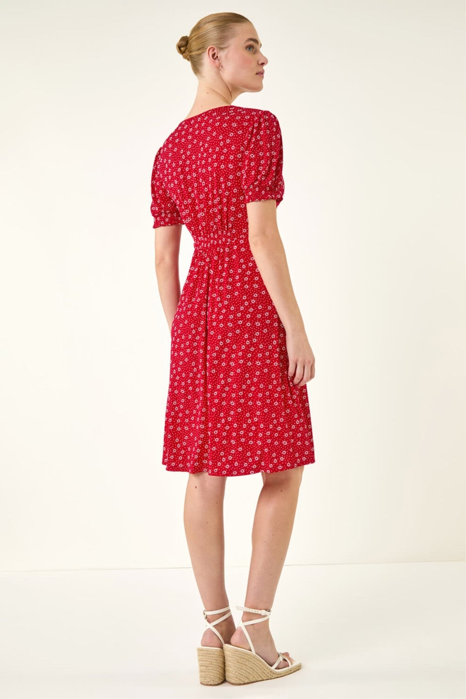 Roman Red Spot Print Gathered Stretch Dress
