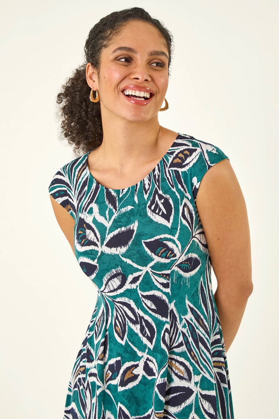 Roman Emerald Leaf Print Hanky Hem Maxi Dress