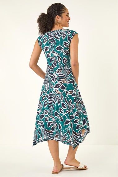 Roman Emerald Leaf Print Hanky Hem Maxi Dress
