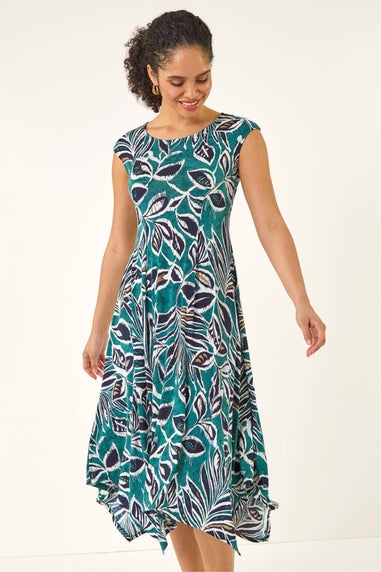 Roman Emerald Leaf Print Hanky Hem Maxi Dress