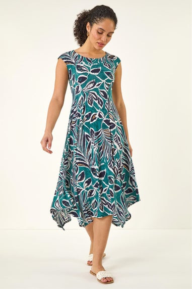 Roman Emerald Leaf Print Hanky Hem Maxi Dress