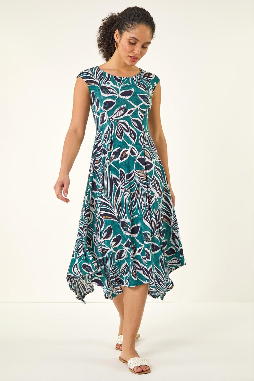 Roman Emerald Leaf Print Hanky Hem Maxi Dress