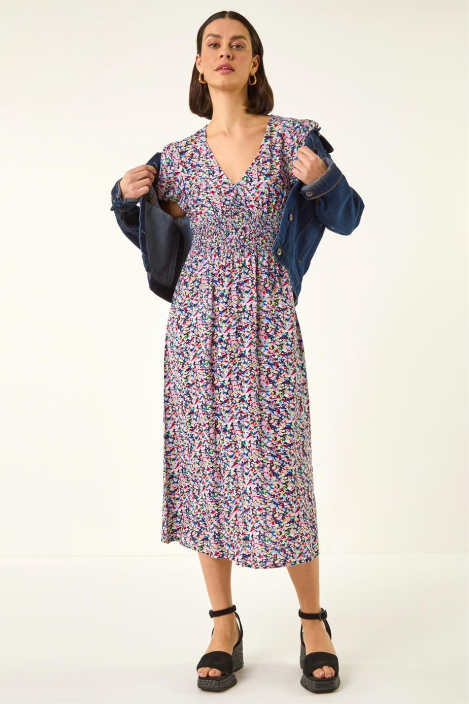 Roman Pink Abstract Print Shirred Midi Dress