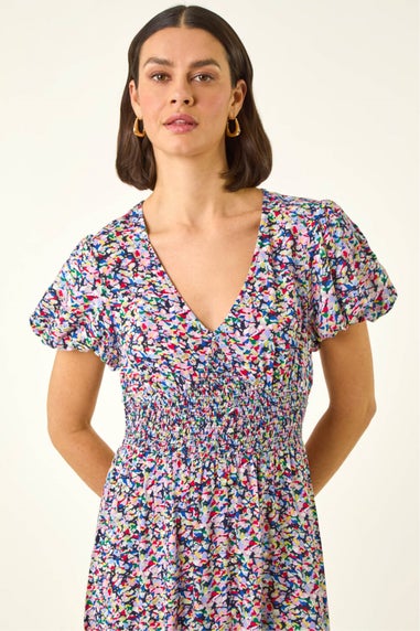 Roman Pink Abstract Print Shirred Midi Dress