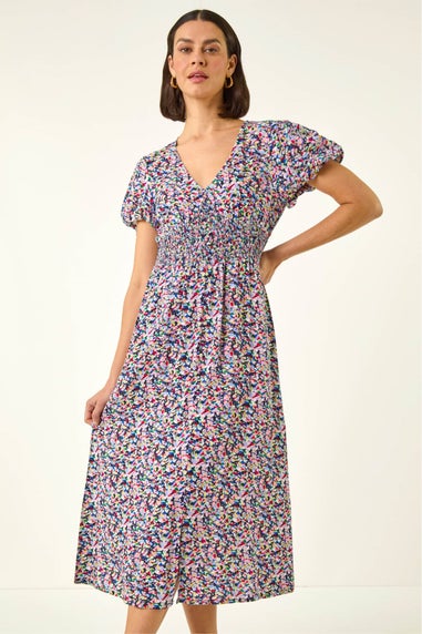 Roman Pink Abstract Print Shirred Midi Dress