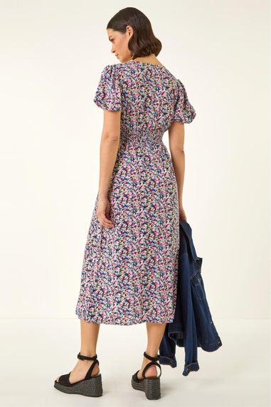 Roman Pink Abstract Print Shirred Midi Dress