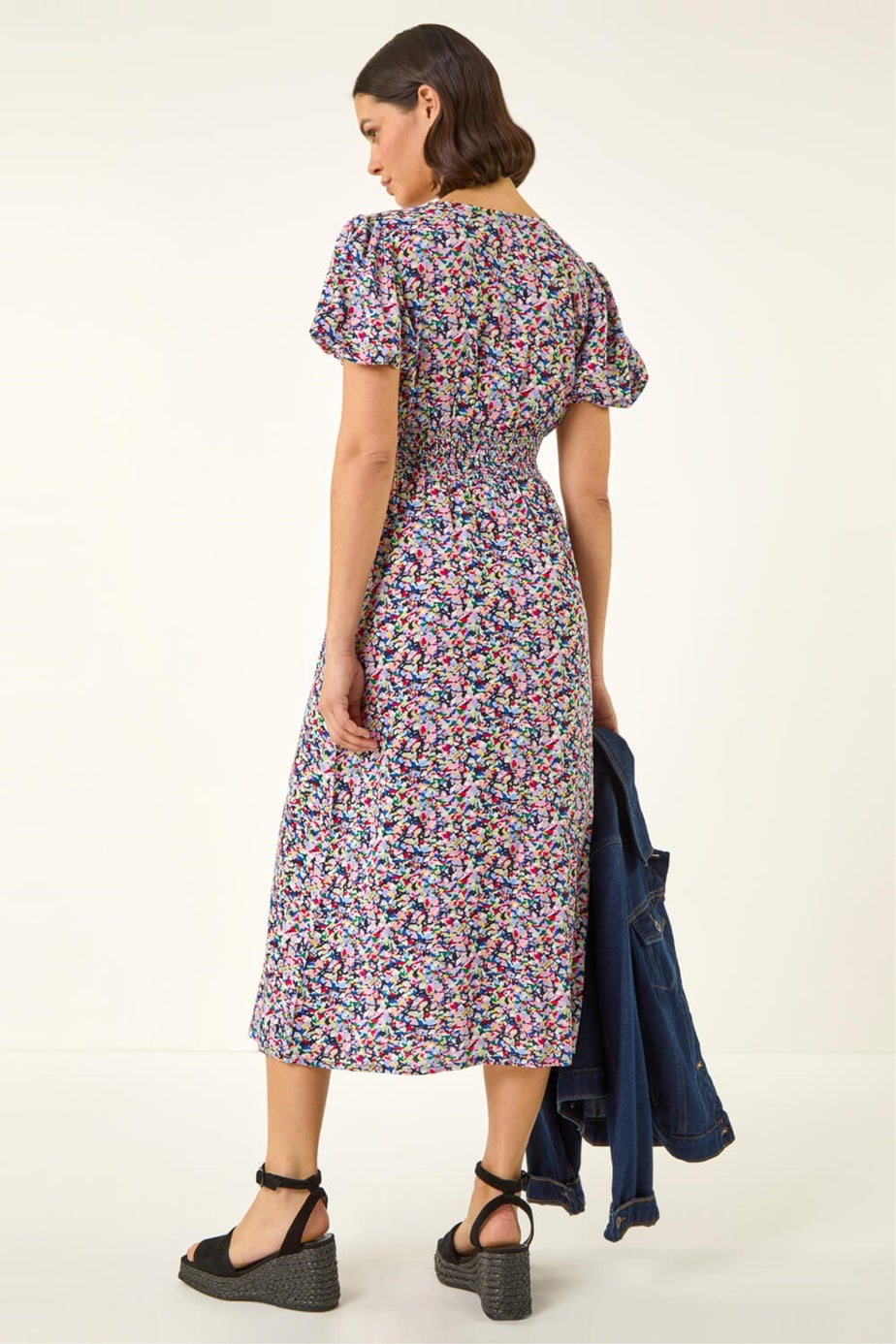 Roman Pink Abstract Print Shirred Midi Dress