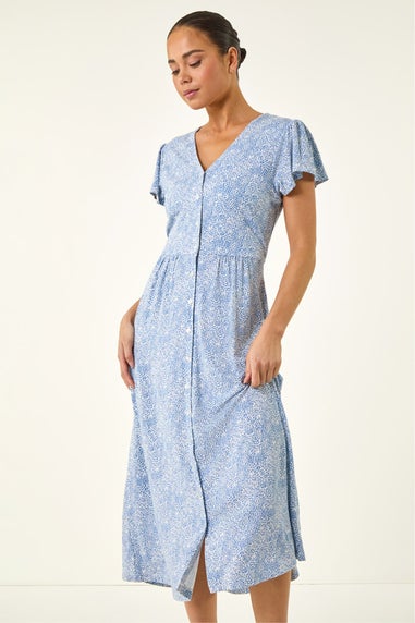 Roman Blue Petite Abstract Spot Midi Dress