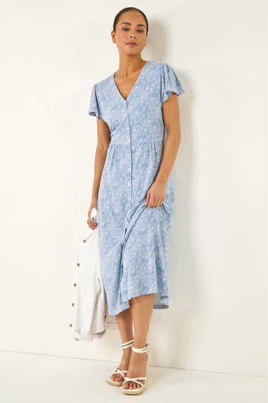 Roman Blue Petite Abstract Spot Midi Dress