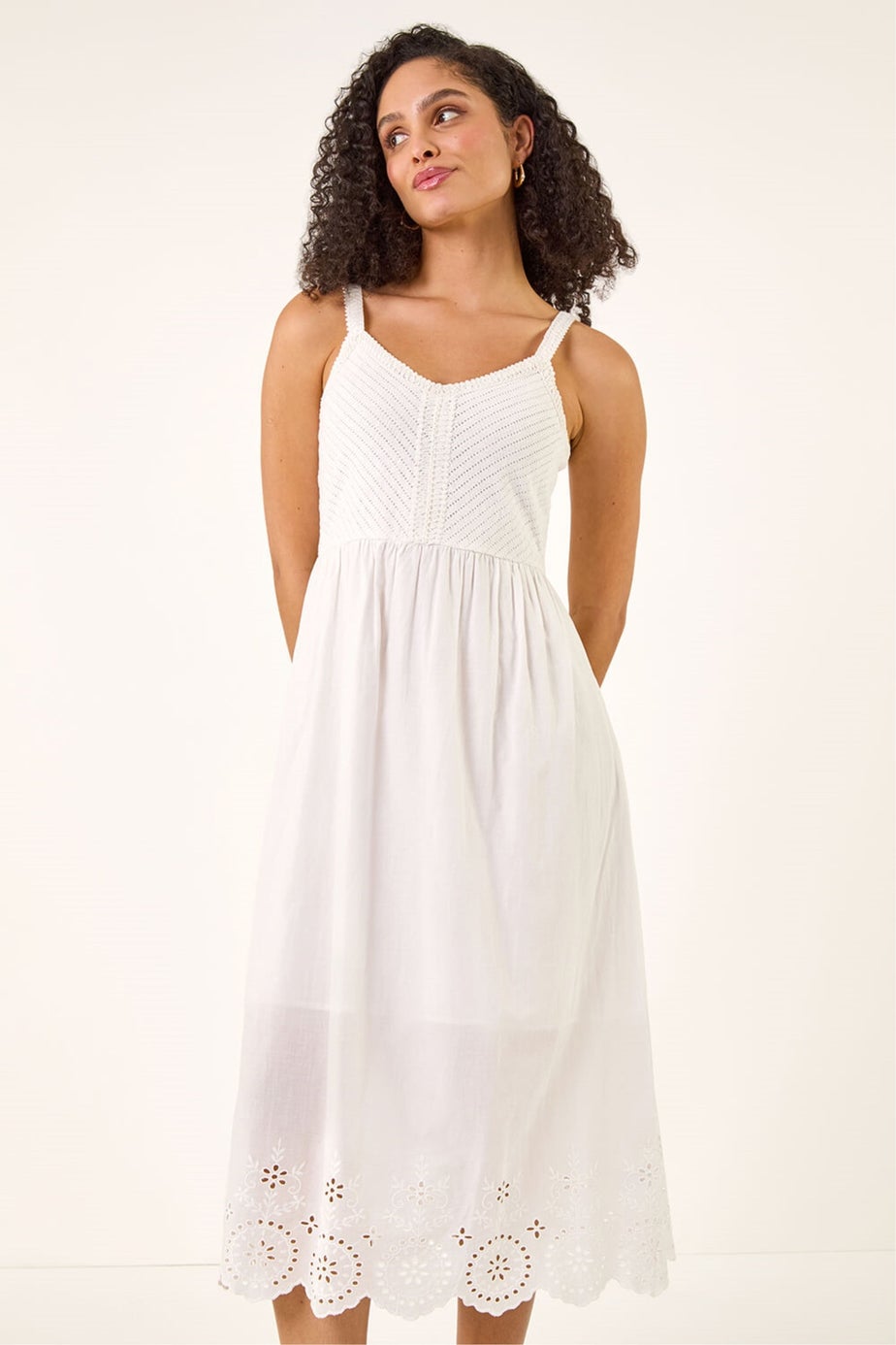 Roman White Crochet Strappy Midi Dress