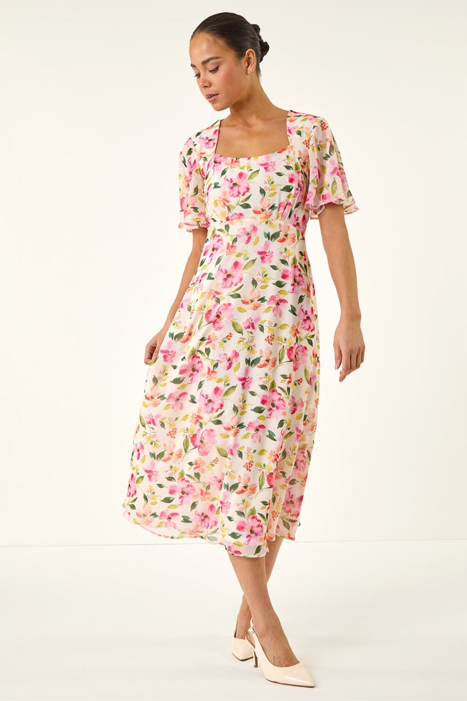 Roman Ivory Petite Floral Midi Dress