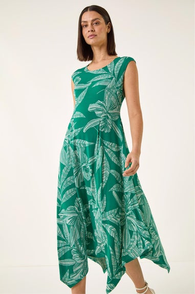 Roman Green Leaf Puff Print Stretch Maxi Dress