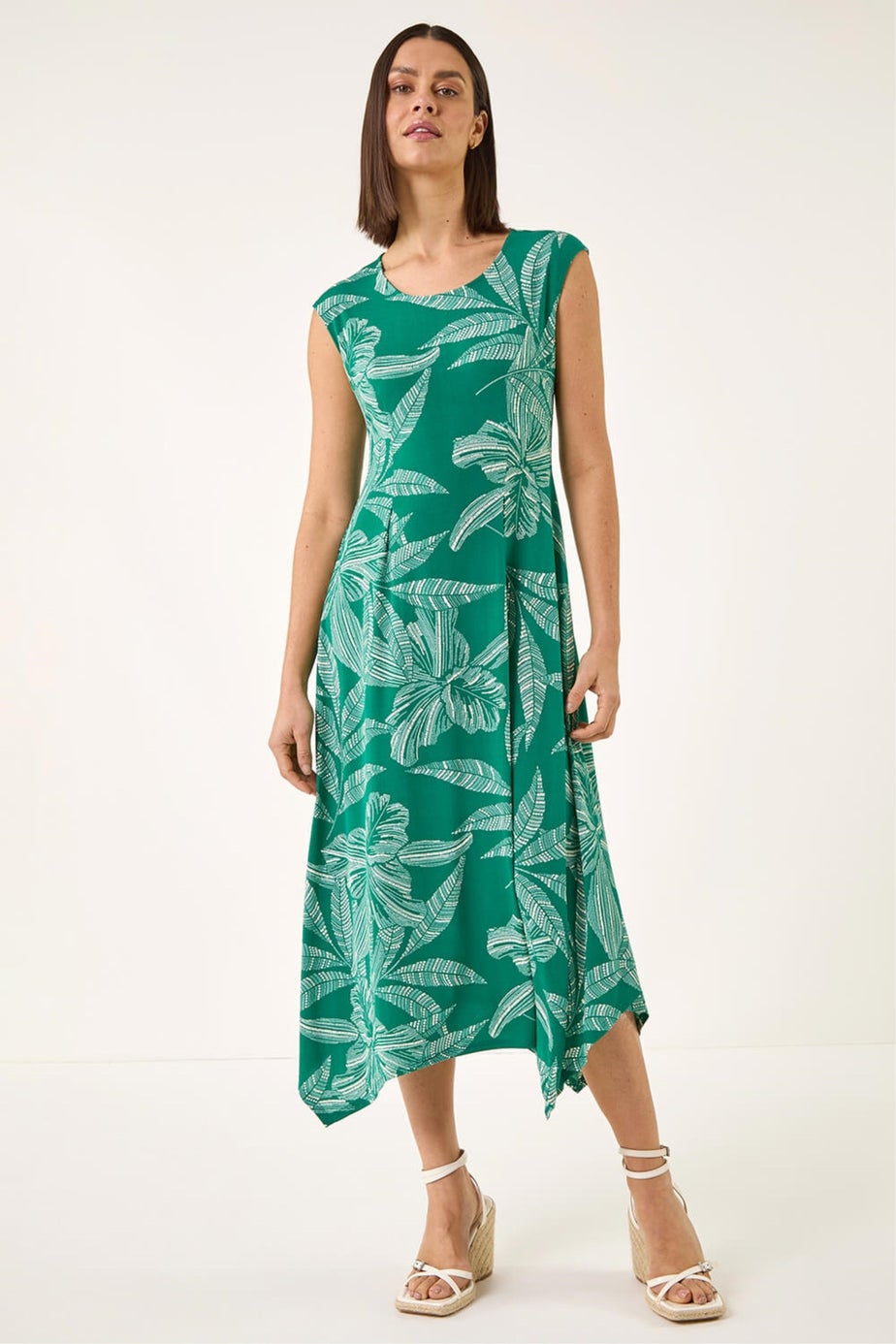 Roman Green Leaf Puff Print Stretch Maxi Dress