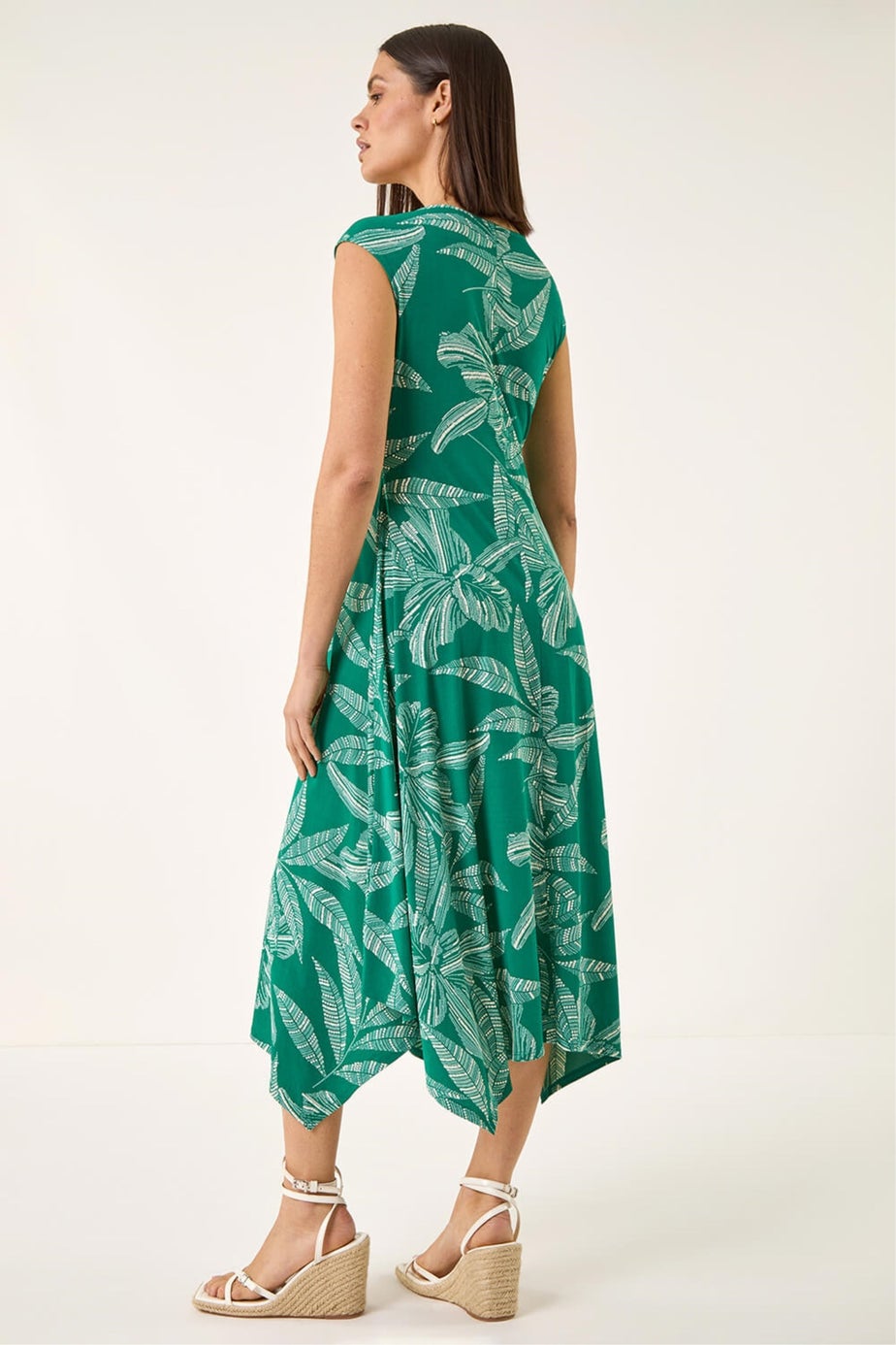 Roman Green Leaf Puff Print Stretch Maxi Dress