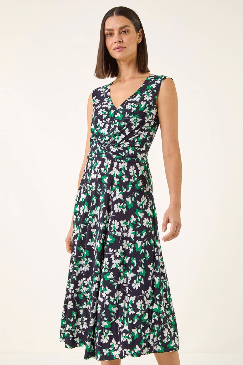 Roman Green Floral Twist Front Dress