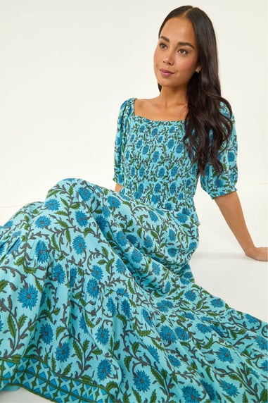 Roman Blue Petite Printed Puff Sleeve Dress